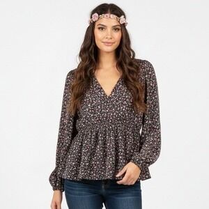 Maurices Floral Peplum Top Womens XL Black Pink Long Sleeve V-Neck Boho Peasant